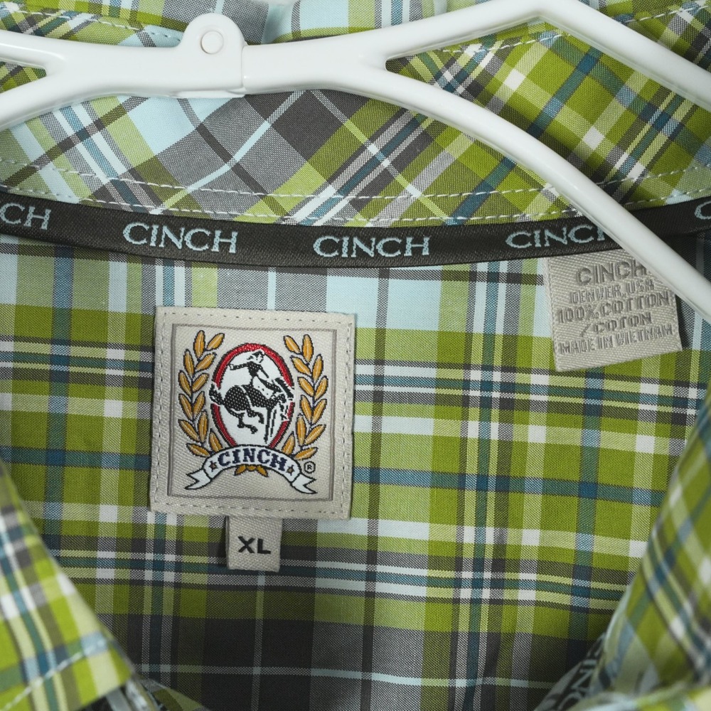 Cinch Mens XL Lime Green Blue Plaid Long Sleeve Button Down Shirt MTW1103481 NEW - Picture 3 of 8